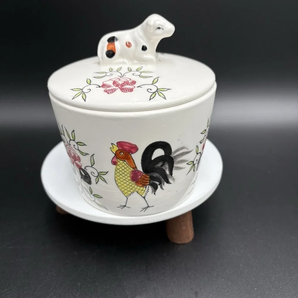 Vintage Butter Grease Crock W/ Lid Chickens Cows 4.75